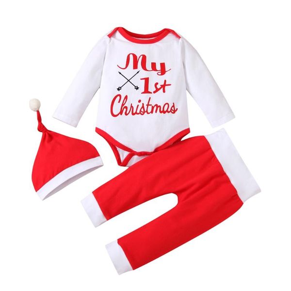 

baby boy girl 3pcs outfit sets long sleeve letter printed romper elastic waist pants christmas hat toddler festival cloth 0-24m, White