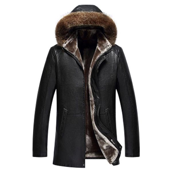 

men's fur & faux 2021 long real collar mens jacket leather black thick warm hooded kurtka skorzana meska