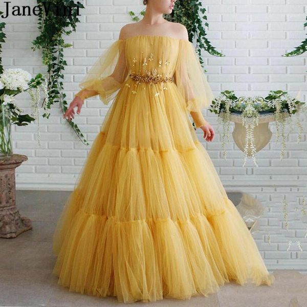 

janevini fluffy gold a line prom dresses 2020 beaded illusion transparent tulle long sleeve robes dubai graduation evening gown1, White;black