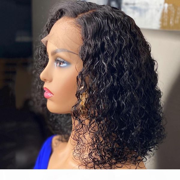 

13*4 glueless short bob wig 150% curly lace front human hair wigs side part wigs brazilian remy hair for women lace closure wig, Black;brown