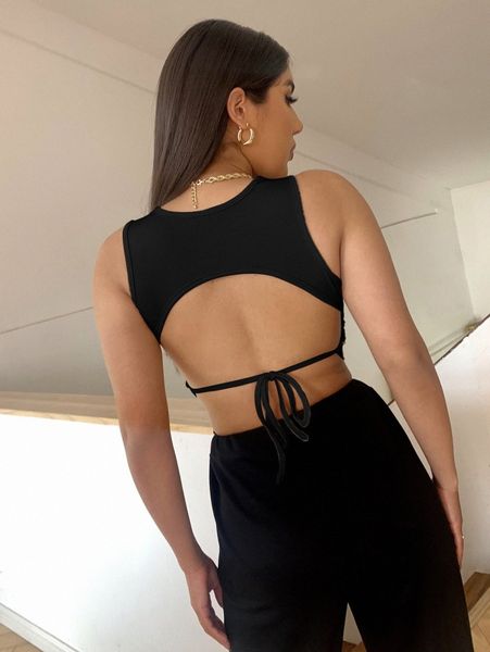 

tied backless rib-knit tank crop 83fb#, White