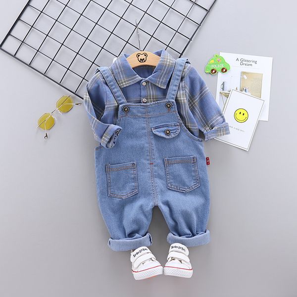 

spring newborn baby boy's clothes outfits set plaid shirt jacket + strap jeans suit for baby boys clothing 1 year birthday setsq1221, White