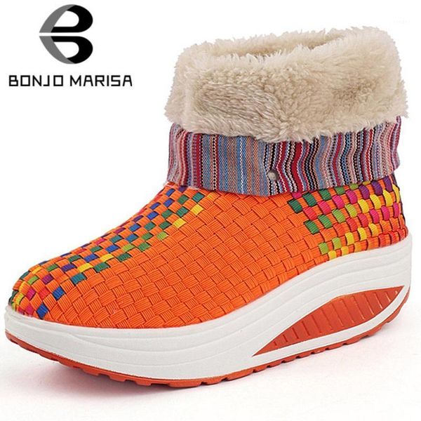 

boots bonjomarisa fashion winter mixed-color waved ankle snow warm plush women comfy wedges shoes woman1, Black