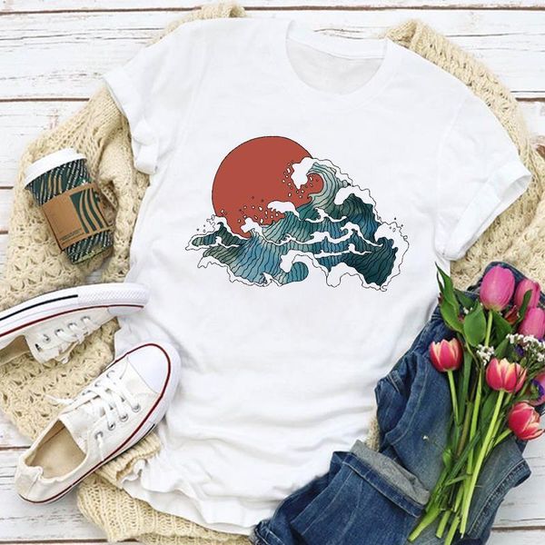 

women graphic wave beach 90s printed cute fashion print summer t-shirt lady womens clothing clothes tee female t shirt, White