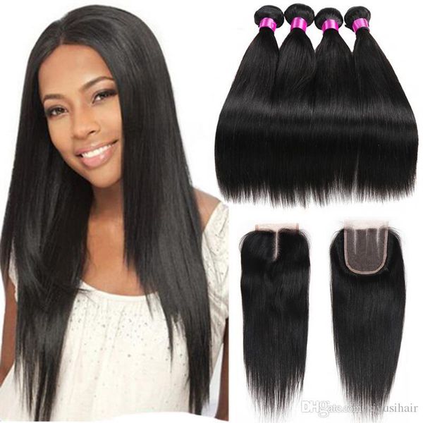 

peruvian malaysian indian brazilian virgin straight weaves hair with closure 8a human hair with closure 3 or 4 bundles with closure, Black;brown