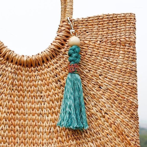 

keychains bohemia european and american tassel key chain women's rice beads wood cotton rope woven knot bag pendant wholesale1, Silver