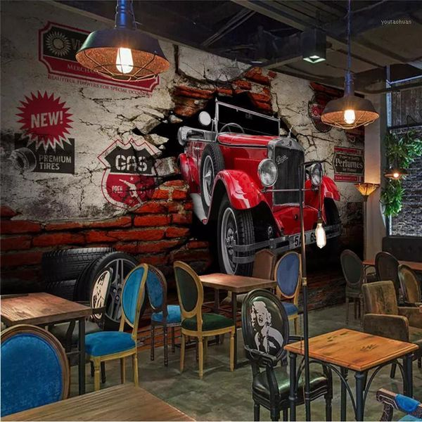 

wallpapers custom retro classic car broken brick wall paper 3d restaurant el bar ktv industrial decor background mural wallpaper 3d1