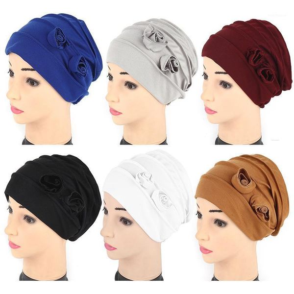 

beanie/skull caps 2021 muslim headscarf hat folding double flower solid color ladies warm winter wrapped head accessories1, Blue;gray