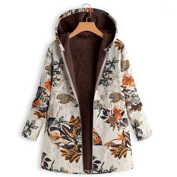 

women's jacket plush coat warm winter jacket floral print garments pockets with hood vintage oversized coats plus size1, Black