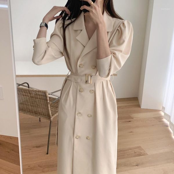 

korean elegant notched collar double-breasted lace-up belt suit dress women autumn new long sleeve high street windbreaker dress1, Black;gray