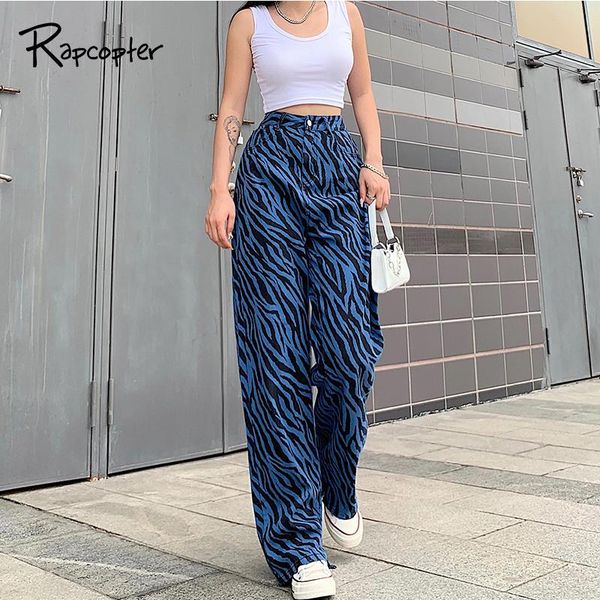 

rapcopter zebra animal print jeans y2k pants women high waist pants 90s pockets straight jeans e-girl trousers denim 2020, Blue