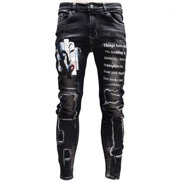 

fashion mens skinny ripped patch jeans streetwear black jean print pants for cowboys men psmj871, Blue