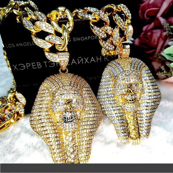 

24k gold & silver iced out egyptian pharaoh copper crystal zircon diamonds pendant necklace vacuum plated jewelry pop necklace
