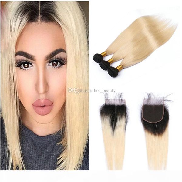 

1b 613 ombre blonde straight hair 3 bundles with lace closure ombre 10a brazilian virgin human hair extension with lace closure 4x4, Black