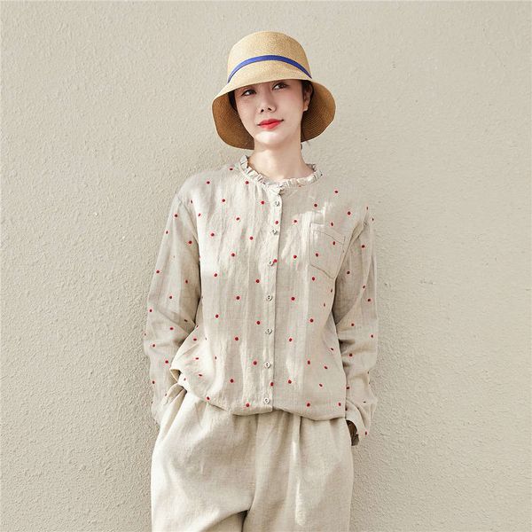 

autumn 2020 one old three season rain dew hemp spot stand collar long sleeve shirt linen embroidered top, White