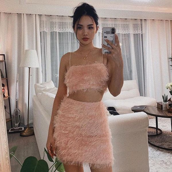 

fall / winter 2020 hairpin sling skirt set pink strapless women's two piece party skirt matching sets for women1, Gray