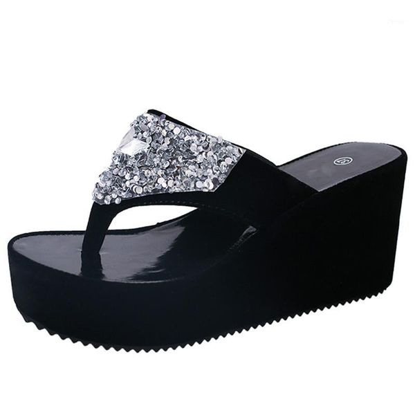 

slippers summer women's shoes rhinestone woman flip flops wedged platform beach zapatos mujer m7691, Black