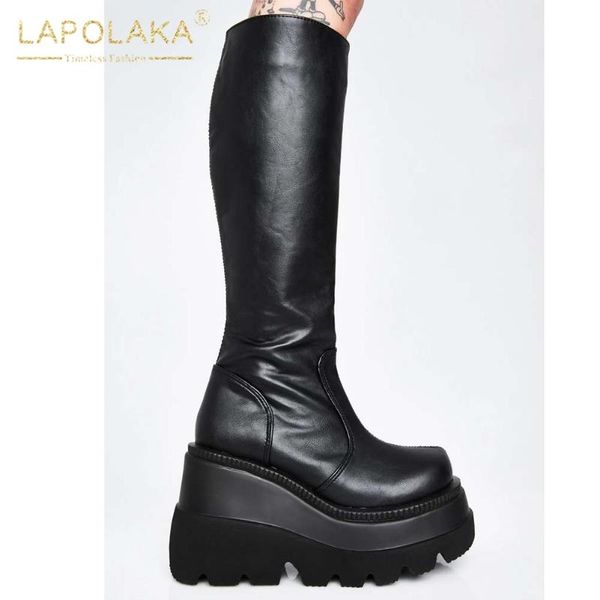 

lapolaka new fashion large size 43 wedge high heels zipper shoes ladies boots platform non slip dropship boots woman shoes, Black