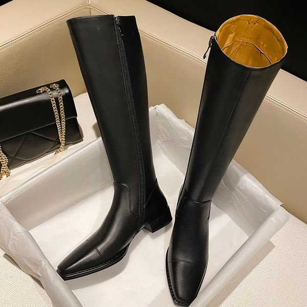 

genuine letaher knee high boots classic design thick low heels women boots working basic shoes woman size 41 42 43, Black
