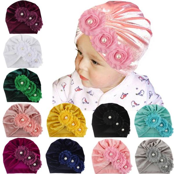 

caps & hats born infant girl turban twist knot velvet beanie hat pearl flower solid soft cap baby accessories, Yellow