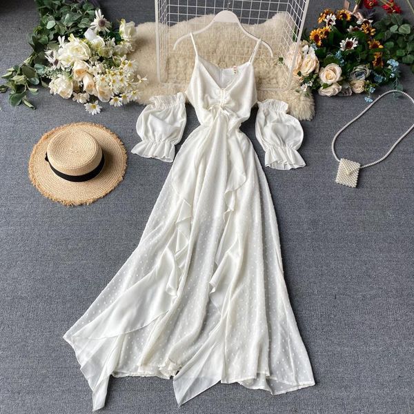 

holiday ins short puff sleeve rope chic a-line dress women v neck elegant vestidos k926, Black;gray