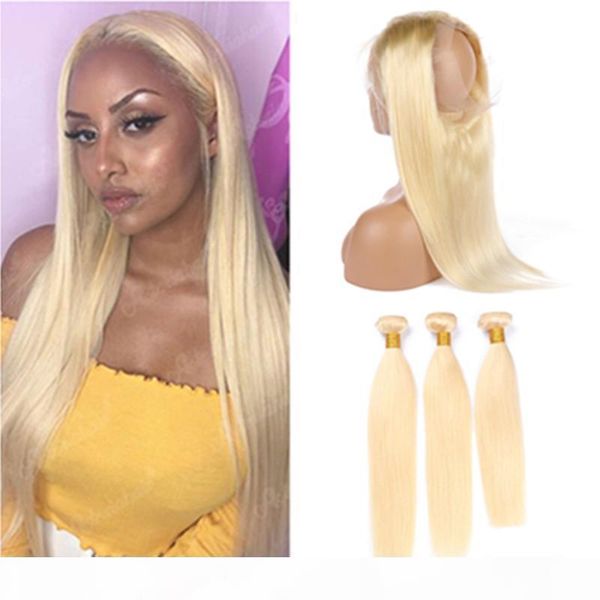 

#613 blonde straight brazilian virgin hair 3bundles with 360 lace closure bleach blonde human hair 360 lace frontal 22.5x4x2" with weav, Black;brown