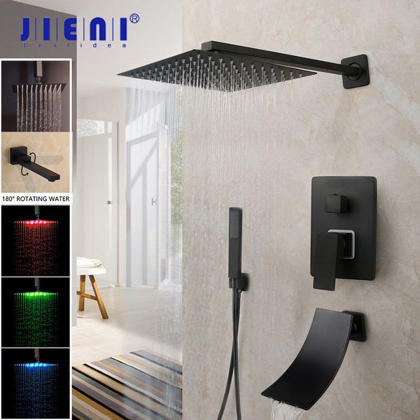 JIENI 8/16 Pollici Nero Opaco Rubinetto Doccia A Pioggia Vasca Da Bagno Led Vasca Da Bagno A Pioggia Quadrata Soffione Doccia A Cascata Spray Rubinetto Doccia Set 1011