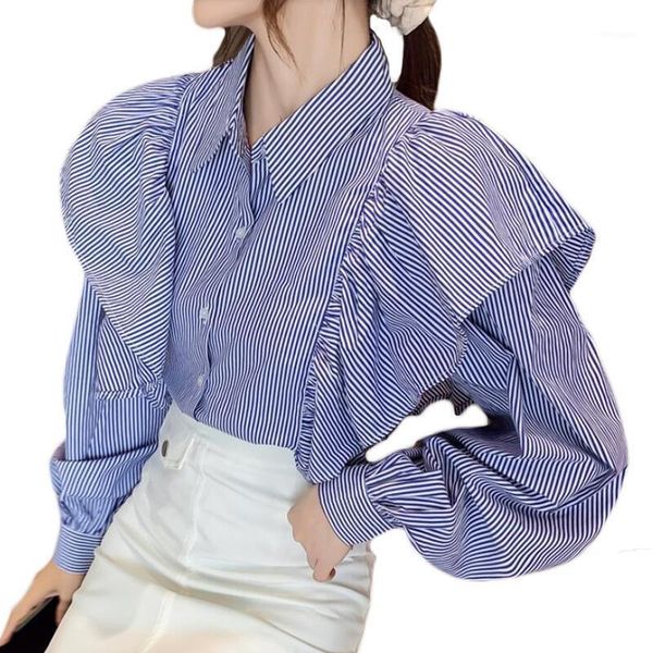 

2020 autumn vintage striped women blouses long sleeve ruffles loose blouse women shirts plus size chemisier femme1, White