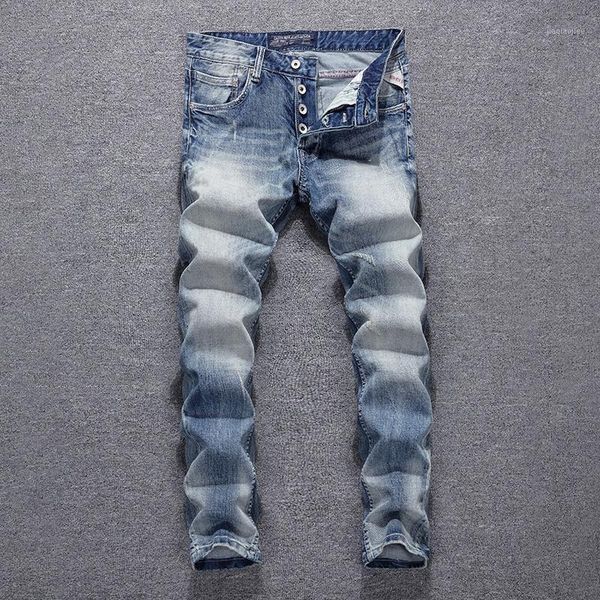 

italian vintage style fashion men jeans blue color white wash slim fit elastic classical jeans button pants hip hop men1