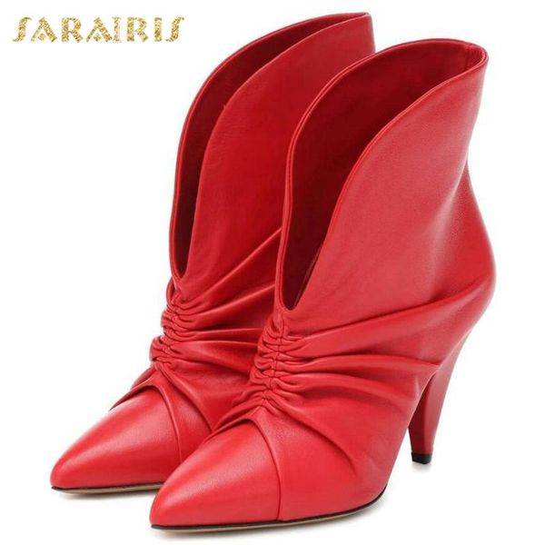 

sarairis brand new plus size 43 trendy brand pointed high heels genuine leather cow skin women shoes boots, Black