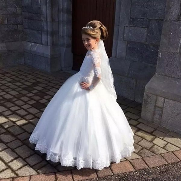 Stilvolles weißes Blumenmädchenkleid für Hochzeit, Party, Stehkragen, Taufkleid, Tüll, volle Ärmel, Applikationen, für Kinder, Kommunionkleid251U