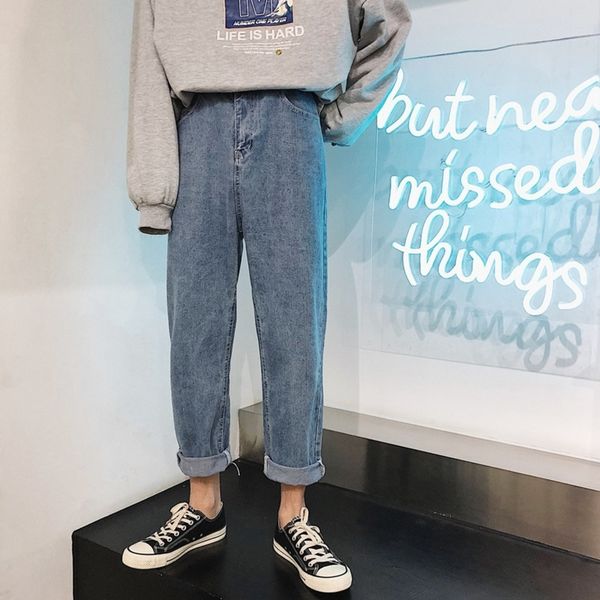 

tyori осень зимние брюки мужские джинсы стиль модно широко ноги девять пунктов и модный бренд подвеска корейский мужские джинсы потерять пря, Blue