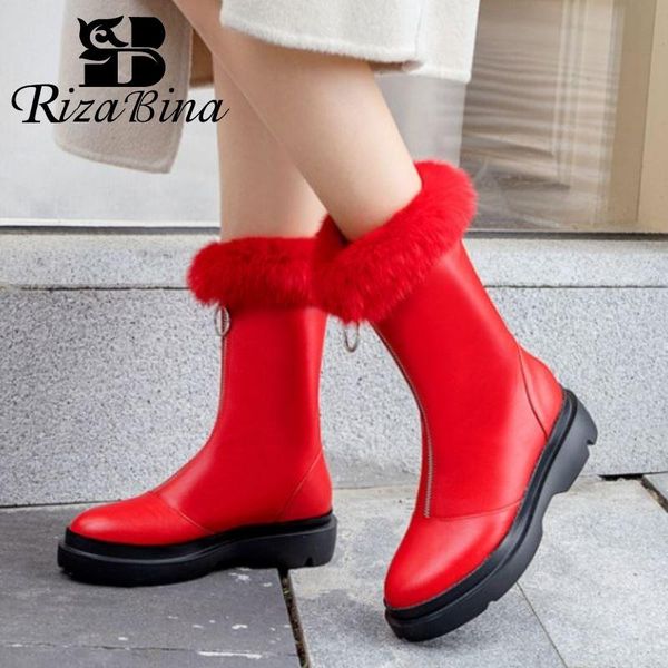 

rizabina women mid calf snow boots plush fur round toe front zipper shoes winter warm boots women fashion footwear size 33-40, Black