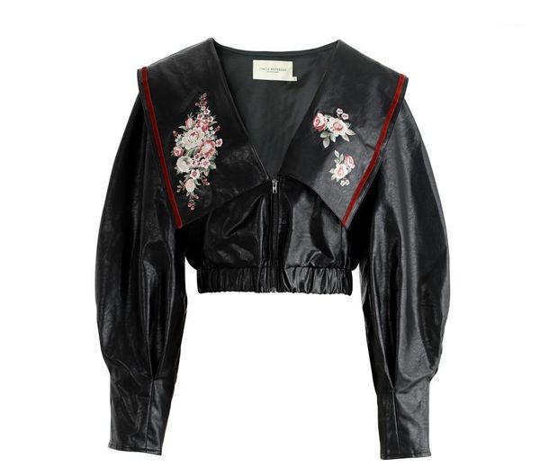 

fashion women short leather jackets long sleeve embroidery flower pu jackers woman short style pu coats 1, Black;brown