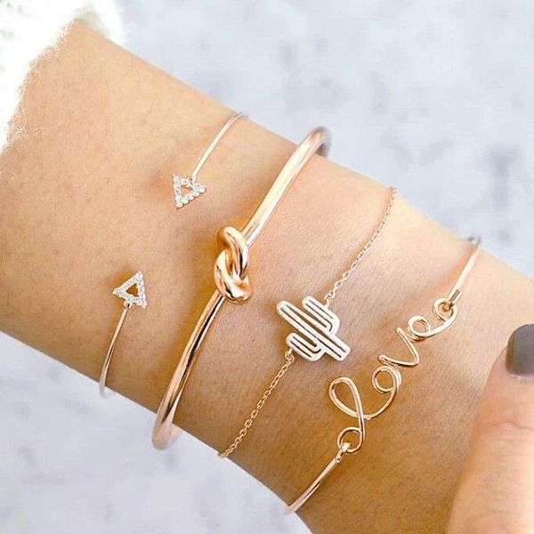 

4pcs/set simple leaves triangle love cactus knot charm bracelets for women girl gold color adjustable chain bracelet pulseras, Golden;silver