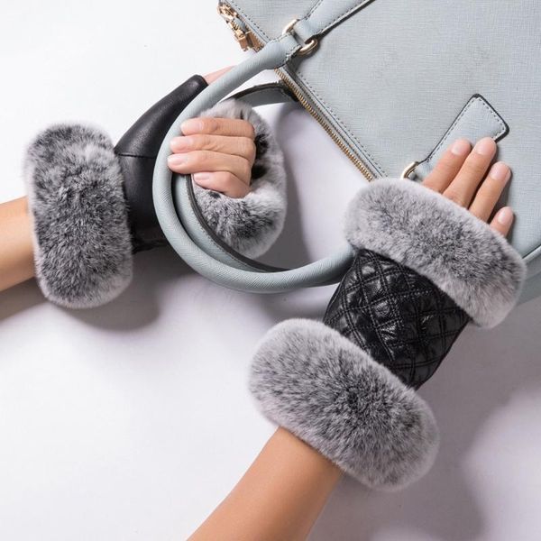 

women imitation leather driving half finger gloves with fluffy plush trim winter thermal plush lining fingerless mittens, Blue;gray