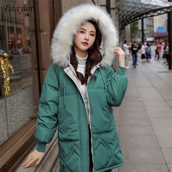 

fitaylor artificial fur hooded winter jacket women thick parka female down cotton wadded casual warm long green coat 201130, Black