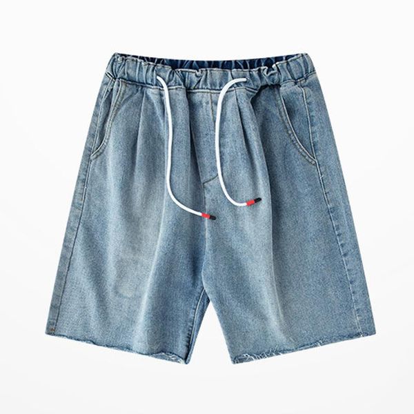 

hong kong style fashion drawstring retro light-colored denim shorts male brand loose straight pants wild daddy kg-861, Blue