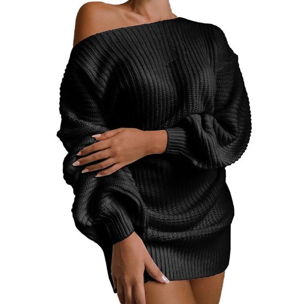 

casual dresses 40#vestidos femininos jurken fashion women solid lantern sleeve off shoulder long sleeves sweater dress 2021, Black;gray