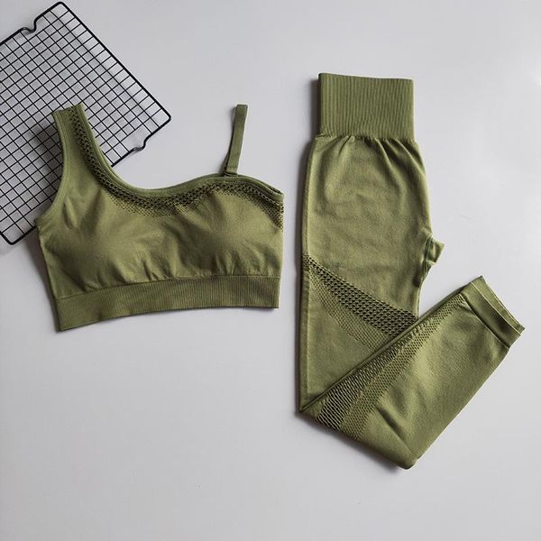 

бесшовные женщины hollow йога set спортивный костюм женский gym set высокая талия фитнес костюм для йоги леггинсы + проложенный одно плечо b