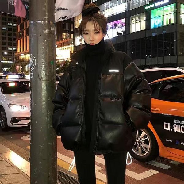 

winter women parkas 2020 pu leather warm padded jackets stand collar thick coat female causul overcoat plus size outerwear short1, Black