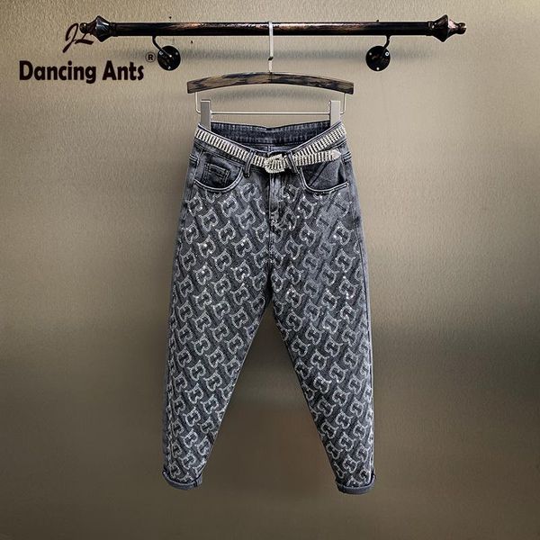 

women's jeans for women oversized harem pants high waist ankle-length woman denim sequins trousers, Blue