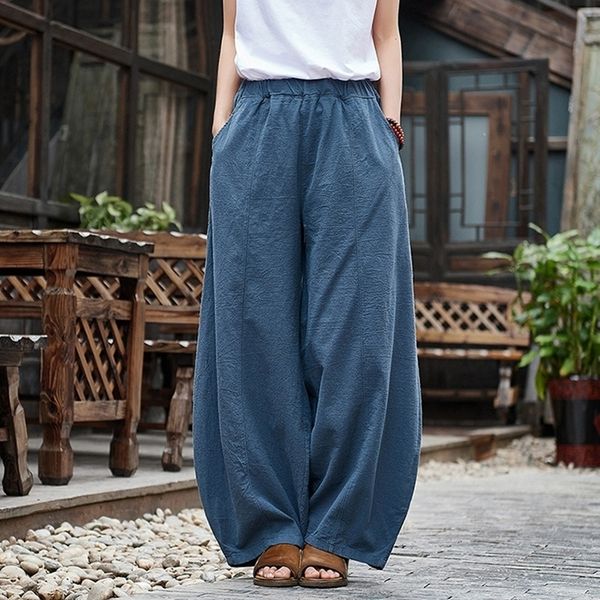 

johnature casual style cotton linen women pants spring summer new elastic waist solid color women vintage wide leg pants 201106, Black;white