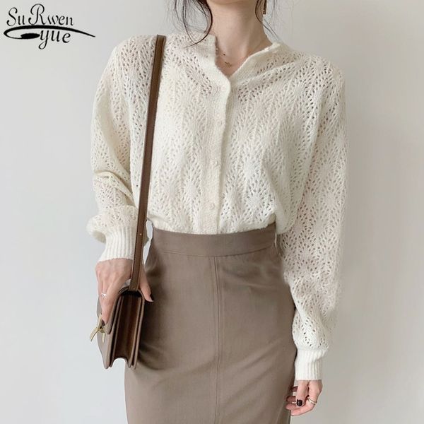 

solid elegant cardigan knitted hollow out blouses women white lantern long sleeve shirts women blusa feminina 9824 y200828