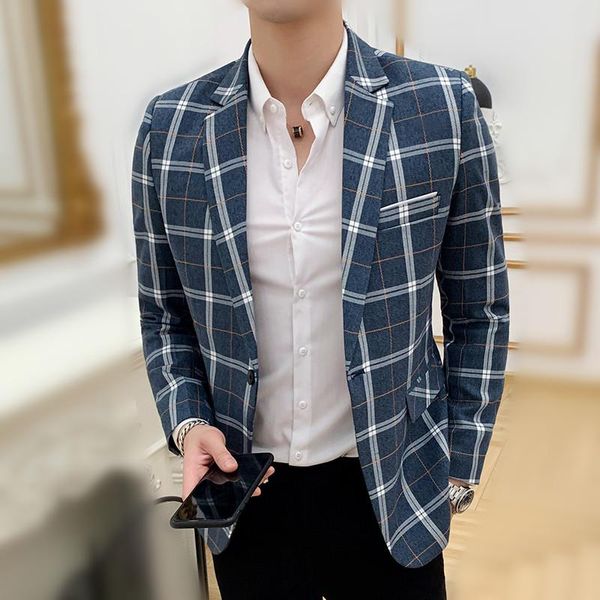 

2021 vintage plaid blazer british stylish male suit jacket business casual one button dress coat men hombre m-3xl, White;black
