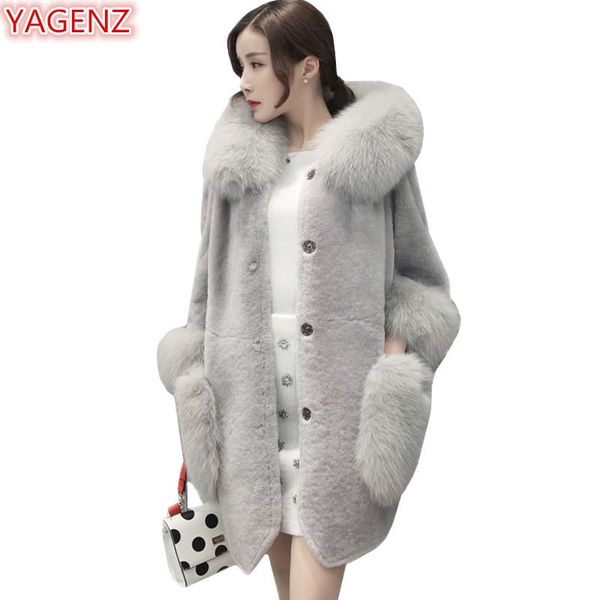 

yagenz winter imitation fur womens coat long section sheep shears fur collar hooded jacket single-breasted 857, Black
