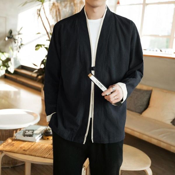 

ethnic clothing spring and autumn chinese style long-sleeved jacket youth men's cardigan cotton linen retro casual hanfu, Red