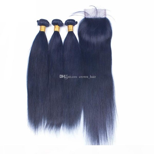

part lace closure with blue colored straight hair extension dark blue virgin hair weft 3 bundles with lace closure, Black
