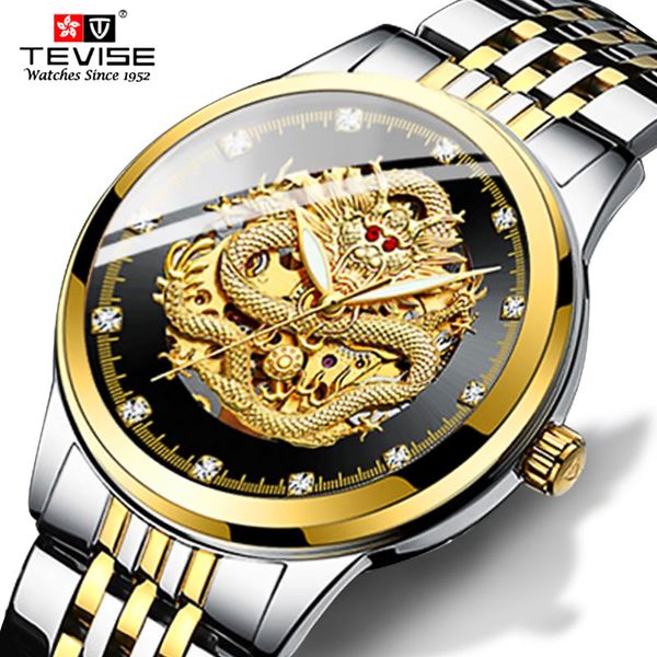 

tevise luxury dragon dial men automatic mechanical watches men steel band waterproof watches male gifts relogio masculino, Slivery;brown