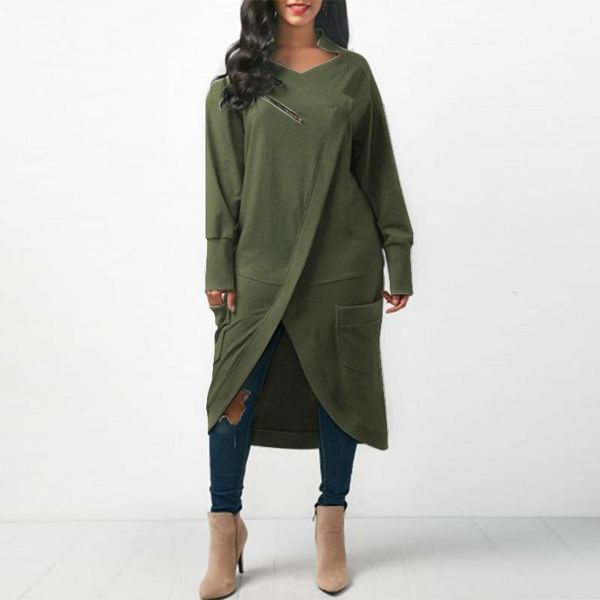 

zanzea women sweatshirt dress 2020 autumn v neck long sleeve irregular hem solid long vestido winter fleece pullover plus size1, Black;gray